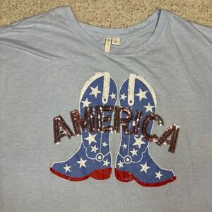 Cato Western Blue Cowboy Boots T-shirt Sz Large 'America' Sequins Rodeo Sparkle